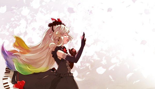 Anime picture 1800x1035 with vocaloid mayu (vocaloid) ichinose777 long hair highres open mouth blonde hair wide image eyes closed profile multicolored hair girl dress gloves elbow gloves