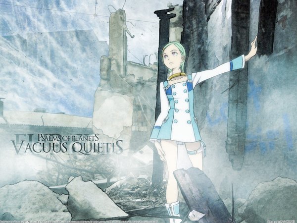 Anime picture 1600x1200 with eureka seven studio bones eureka james hildenbrand (redxxii) kalicodreamz yoshida ken'ichi single short hair standing purple eyes signed outdoors aqua hair looking up third-party edit double buttons destruction girl dress buttons