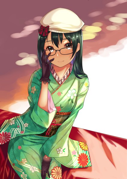 Anime picture 1280x1810 with original kagematsuri single long hair tall image looking at viewer blush sitting brown eyes traditional clothes japanese clothes green hair from above kikumon girl gloves black gloves glasses kimono beret