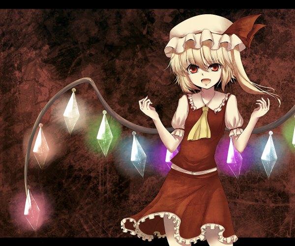 Anime picture 1200x1001 with touhou flandre scarlet single short hair open mouth blonde hair red eyes one side up girl dress skirt wings bonnet skirt set crystal