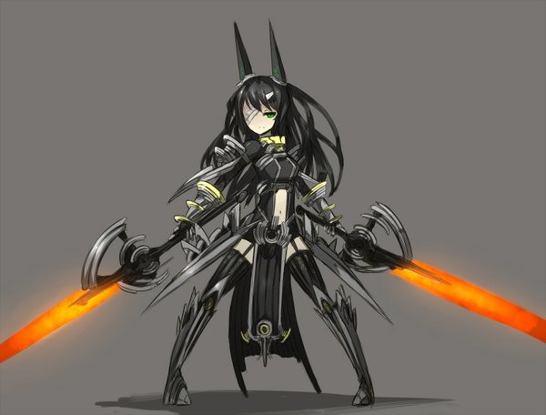 Anime picture 1500x1140 with original ganesagi single long hair looking at viewer black hair simple background standing green eyes animal ears pointy ears grey background bandage over one eye warrior girl weapon sword armor garter straps eyepatch