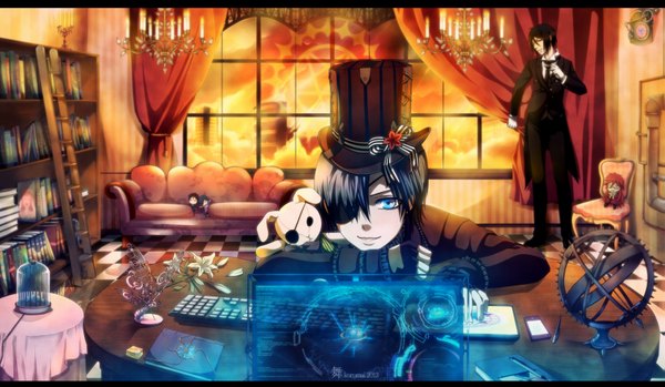 Anime picture 1687x984 with kuroshitsuji a-1 pictures sebastian michaelis ciel phantomhive looking at viewer short hair blue eyes black hair smile wide image sitting blue hair looking away multiple boys boy gloves flower (flowers) animal petals glasses