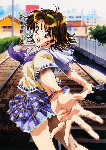 Anime picture 4445x6281 with kawarajima kou single tall image looking at viewer highres short hair open mouth brown hair brown eyes absurdres scan girl uniform school uniform glasses hairband school bag railways