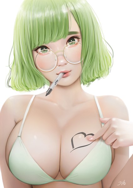 Anime picture 2480x3508 with original momo (jubi) jubi (regiana) single tall image looking at viewer fringe highres short hair breasts light erotic simple background large breasts white background holding green eyes signed blunt bangs fingernails green hair