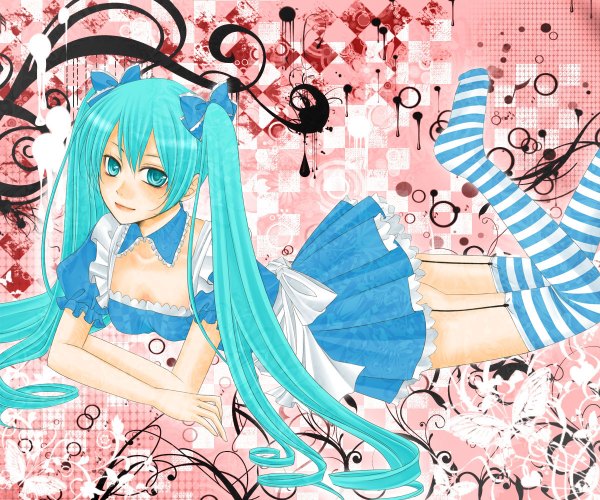Anime picture 1200x1000 with vocaloid hatsune miku long hair twintails aqua eyes aqua hair wallpaper on stomach girl thighhighs bow hair bow striped thighhighs