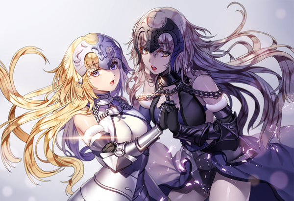 Anime picture 1000x686 with fate (series) fate/grand order fate/apocrypha jeanne d'arc (fate) (all) jeanne d'arc alter (fate) jeanne d'arc (fate) jeanne d'arc alter (avenger) (third ascension) (fate) ruhee long hair looking at viewer fringe breasts open mouth light erotic blonde hair simple background purple eyes multiple girls orange eyes holding hands