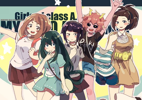 Anime picture 1000x707 with boku no hero academia studio bones uraraka ochako asui tsuyu yaoyorozu momo jirou kyouka ashido mina hagakure tooru xi yuu long hair looking at viewer fringe short hair open mouth black hair hair between eyes brown hair multiple girls brown eyes signed