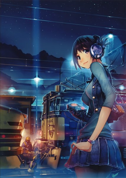 Anime picture 1910x2686 with vania600 tall image highres black hair smile brown eyes looking back night girl skirt miniskirt headphones star (stars) clock lantern wire (wires) pocket watch lamppost train