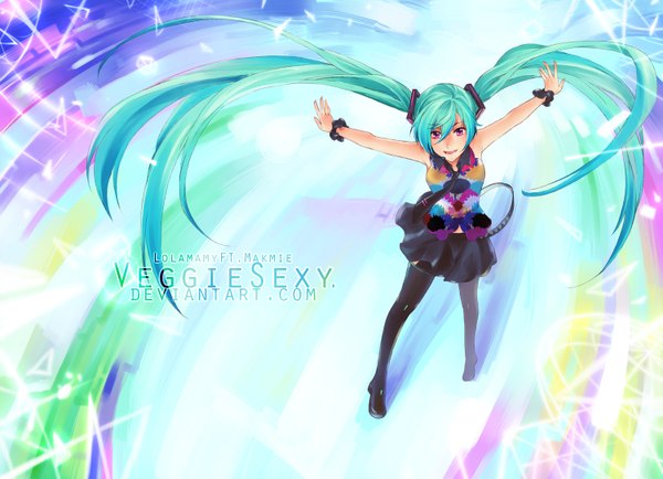 Anime picture 1500x1086 with vocaloid hatsune miku tagme (artist) single smile purple eyes twintails very long hair aqua hair inscription multicolored girl thighhighs skirt black thighhighs necktie headphones