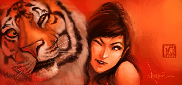 Anime picture 1069x500 with original poibuts single long hair smile red eyes brown hair wide image signed looking away one eye closed wink mole new year happy new year girl animal tiger