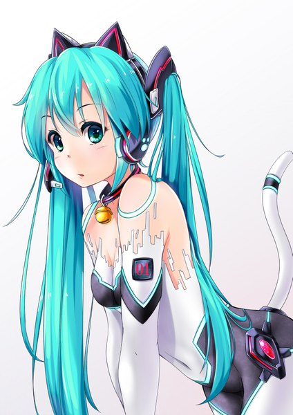 Anime picture 1357x1920 with vocaloid hatsune miku miu (angelo whitechoc) single long hair tall image looking at viewer fringe simple background hair between eyes twintails animal ears tail animal tail aqua eyes cat ears aqua hair grey background cat tail girl