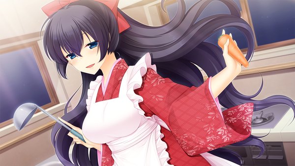 Anime picture 1280x720 with kenja no okuri imouto asato hitoha single long hair looking at viewer open mouth blue eyes black hair wide image game cg traditional clothes japanese clothes girl bow hair bow kimono apron vegetables carrot