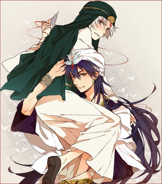 Anime picture 900x1020 with magi the labyrinth of magic a-1 pictures ja'far (magi) sinbad (magi) shijima tohiro long hair tall image looking at viewer blush fringe short hair simple background hair between eyes brown eyes purple hair traditional clothes one eye closed light smile grey hair grey background