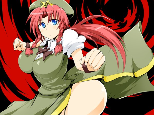 Anime picture 1600x1200 with touhou hong meiling wedge single long hair looking at viewer blue eyes light erotic red hair braid (braids) puffy sleeves twin braids side slit fighting stance girl bowtie star (symbol) beret