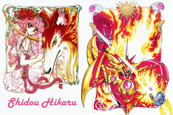 Anime picture 1800x1200 with magic knight rayearth clamp shidou hikaru long hair highres simple background smile red eyes white background pink hair horn (horns) inscription framed girl dress flower (flowers) earrings sword wings fire