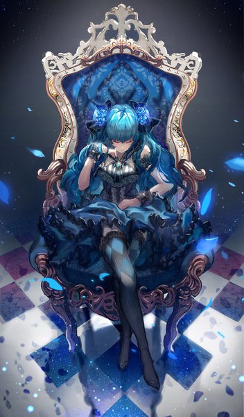 Anime picture 1337x2277 with vocaloid hatsune miku hunxiao xingshuang single long hair tall image fringe breasts hair between eyes sitting twintails bare shoulders holding full body bent knee (knees) eyes closed hair flower from above arm support alternate costume
