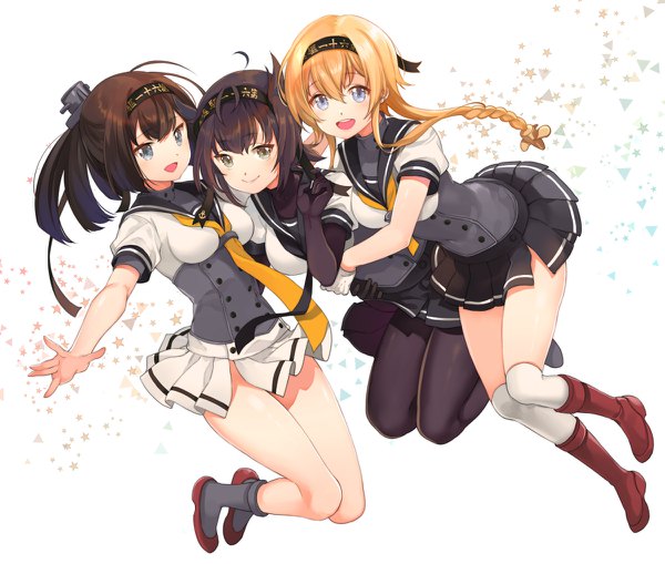 Anime picture 1200x1018 with kantai collection hatsuzuki destroyer akizuki destroyer teruzuki destroyer shiosoda long hair looking at viewer fringe short hair open mouth blue eyes blonde hair smile hair between eyes brown hair multiple girls green eyes full body outstretched arm jumping