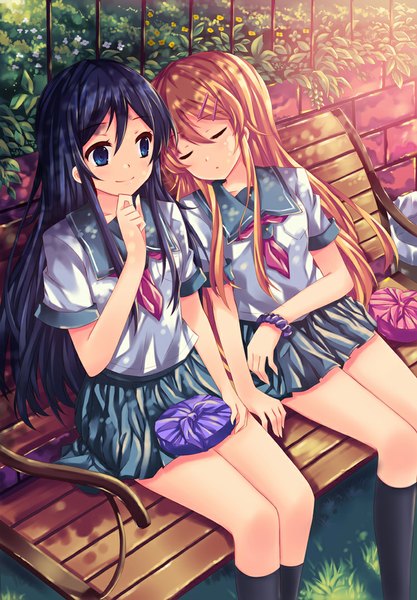 Anime picture 750x1078 with ore no imouto ga konna ni kawaii wake ga nai kousaka kirino aragaki ayase peach88 long hair tall image blue eyes blonde hair sitting multiple girls blue hair eyes closed sleeping girl skirt 2 girls plant (plants) socks serafuku food