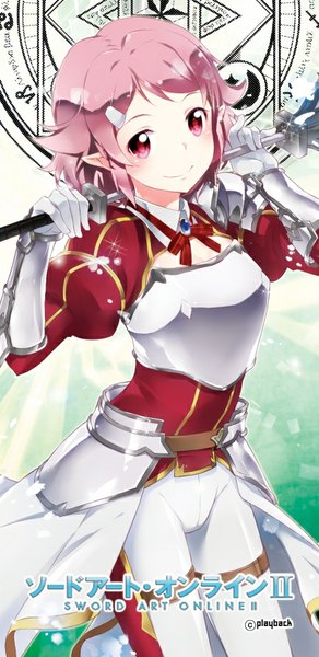 Anime picture 449x922 with sword art online a-1 pictures lisbeth playback (artist) single tall image blush short hair smile signed pink hair pink eyes inscription copyright name hieroglyph girl gloves weapon white gloves armor