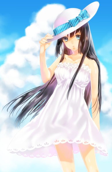 Anime picture 2052x3152 with original mizuki seiya single long hair tall image looking at viewer highres blue eyes black hair bare shoulders sky cloud (clouds) girl dress hat sundress
