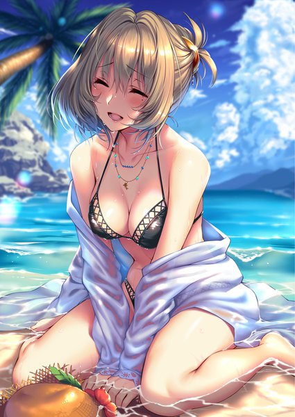 Anime picture 753x1063 with idolmaster idolmaster cinderella girls takagaki kaede piromizu single tall image blush short hair breasts open mouth light erotic brown hair sitting bare shoulders cloud (clouds) eyes closed :d sunlight blurry off shoulder