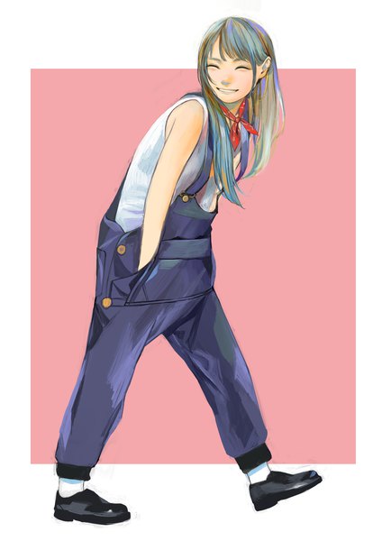 Anime picture 2827x4000 with original zashiki warashi (artist) single long hair tall image fringe highres simple background smile bare shoulders payot full body eyes closed parted lips multicolored hair leaning leaning forward sleeveless turning head border