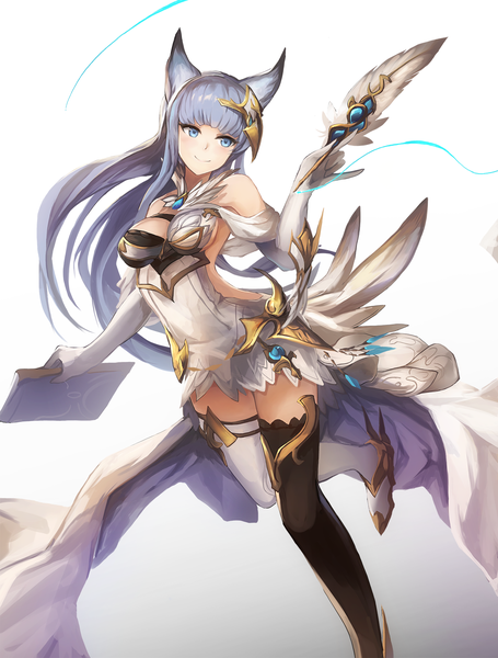 Anime picture 1266x1667 with granblue fantasy korwa (granblue fantasy) eruthika single long hair tall image fringe breasts blue eyes light erotic simple background smile large breasts standing white background holding looking away silver hair bent knee (knees) blunt bangs