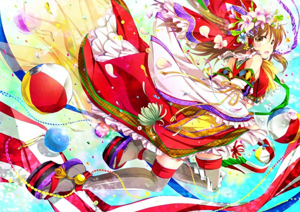 Anime picture 1000x707 with touhou hakurei reimu mikami mika single long hair blush open mouth brown hair brown eyes traditional clothes girl thighhighs flower (flowers) detached sleeves petals white thighhighs