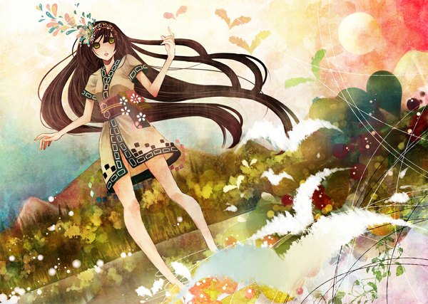 Anime picture 1080x770 with mutou shino single long hair blush brown hair yellow eyes japanese clothes mountain girl flower (flowers) belt hairband kimono sun
