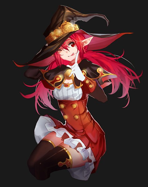 Anime picture 850x1071 with dungeon and fighter xiaoshou xiansheng single long hair tall image fringe simple background smile red eyes looking away red hair eyes closed one eye closed pointy ears wink finger to mouth dark background :p witch girl