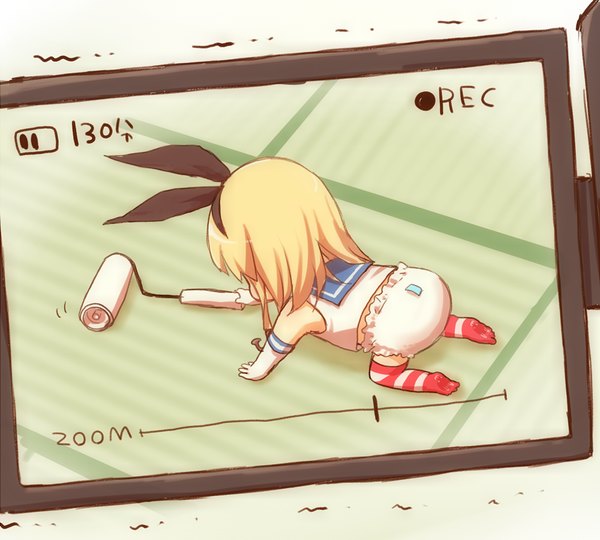 Anime picture 1000x900 with kantai collection shimakaze destroyer sawatari (sado) single long hair blonde hair no shoes on all fours alternate age recording viewfinder girl thighhighs gloves hair ornament elbow gloves white gloves striped thighhighs child (children) camera
