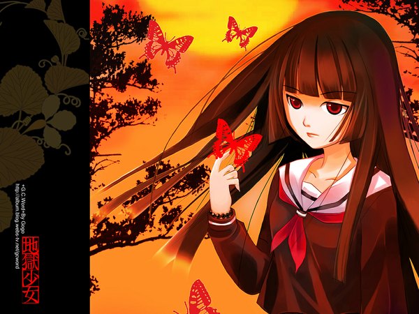 Anime picture 1024x768 with hell girl studio deen enma ai single long hair black hair red eyes evening sunset girl uniform plant (plants) school uniform tree (trees) insect butterfly