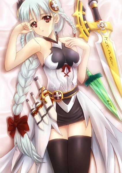 Anime picture 2480x3507 with puzzle & dragons valkyrie (p&d) sawwei005 single long hair tall image highres breasts light erotic red eyes bare shoulders white hair braid (braids) girl thighhighs dress weapon black thighhighs sword