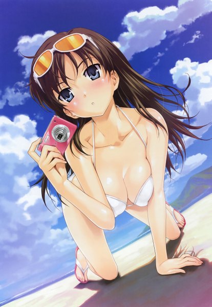 Anime picture 1802x2611 with zettai shougeki platonic heart iseshima aya happoubi jin single long hair tall image blush highres breasts blue eyes light erotic brown hair looking away sky cloud (clouds) shadow beach on all fours sunglasses on head girl