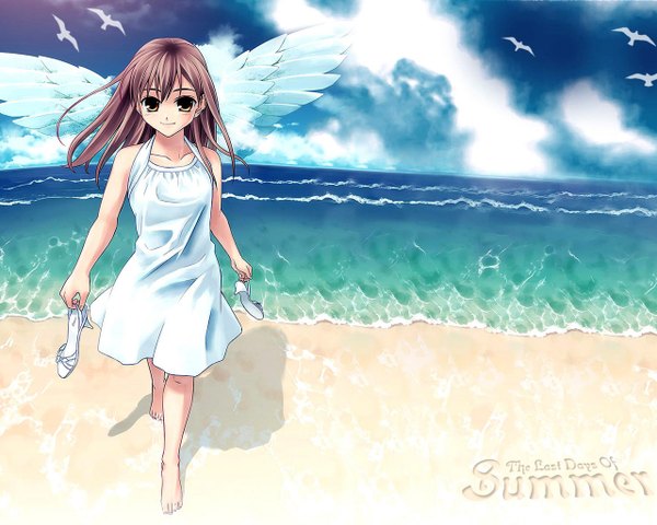 Anime picture 1280x1024 with original hiroyama hiroshi single long hair looking at viewer smile brown hair brown eyes cloud (clouds) full body barefoot inscription no shoes beach angel wings walking summer sand shoes removed girl