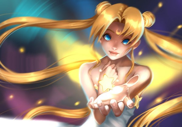 Anime picture 1024x717 with bishoujo senshi sailor moon toei animation tsukino usagi princess serenity sushiyama single long hair blue eyes blonde hair twintails bare shoulders hair bun (hair buns) sleeveless outstretched arm facial mark hand on chest dark background outstretched hand girl dress