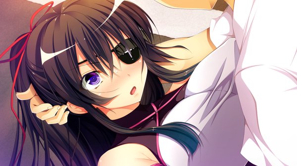 Anime picture 1024x576 with mirai senki slavenil long hair blush open mouth black hair wide image purple eyes game cg ponytail girl ribbon (ribbons) hair ribbon eyepatch