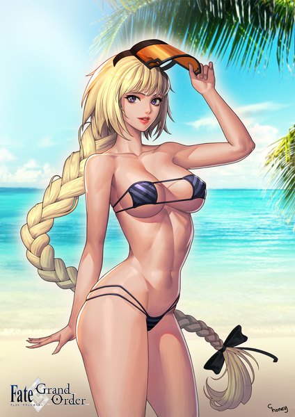 Anime picture 2480x3508 with fate (series) fate/grand order jeanne d'arc (fate) (all) jeanne d'arc (fate) choney single long hair tall image looking at viewer fringe highres breasts light erotic blonde hair large breasts purple eyes sky braid (braids) lipstick beach