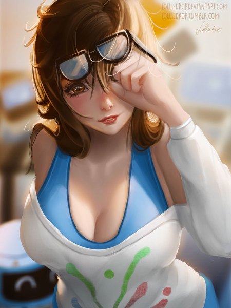 Anime picture 900x1200 with overwatch blizzard entertainment mei (overwatch) snowball (overwatch) rise and shine mei lolliedrop single long hair tall image looking at viewer blush breasts light erotic brown hair large breasts bare shoulders brown eyes signed cleavage parted lips