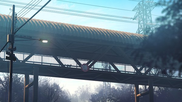 Anime picture 1280x720 with original mclelun wide image sky sunlight no people plant (plants) animal tree (trees) leaf (leaves) cat lantern fence bridge power lines lamppost traffic sign