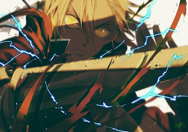 Anime picture 950x672 with fullmetal alchemist studio bones edward elric zwollowz single looking at viewer fringe short hair simple background blonde hair hair between eyes yellow eyes torn clothes lightning boy weapon