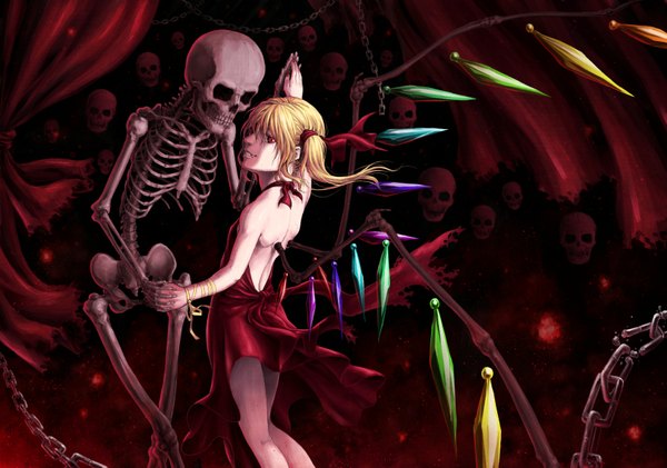 Anime picture 1681x1181 with touhou flandre scarlet tatsuya (atelier road) single looking at viewer short hair blonde hair smile red eyes fang (fangs) one side up grin back interlocked fingers skeleton dancing girl dress wings chain