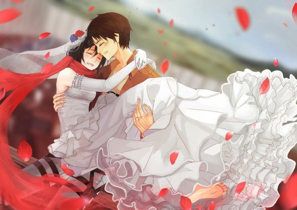 Anime picture 1133x802 with shingeki no kyojin production i.g mikasa ackerman eren yaeger object spring blush short hair open mouth black hair smile brown hair bare shoulders eyes closed carrying girl dress boy gloves petals elbow gloves
