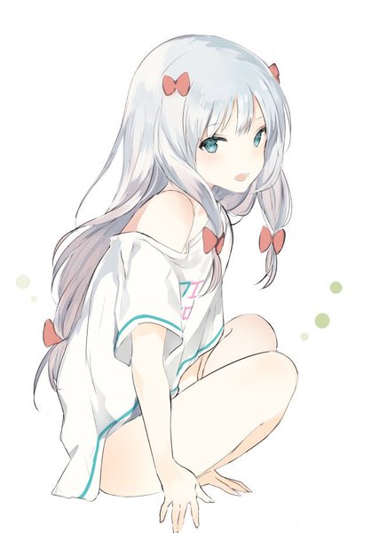 Anime picture 650x914 with eromanga sensei a-1 pictures izumi sagiri lpip single long hair tall image looking at viewer open mouth blue eyes light erotic simple background white background sitting bare shoulders silver hair full body :d arm support bare legs