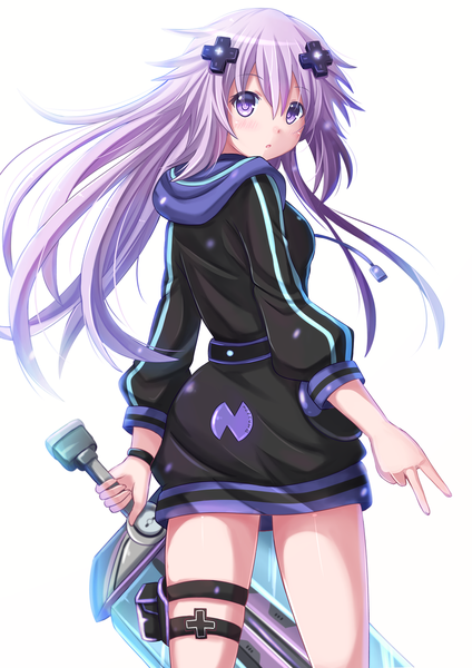 Anime picture 1200x1697 with choujigen game neptune neptune (choujigen game neptune) kazenokaze single long hair tall image looking at viewer white background purple eyes purple hair looking back girl hair ornament weapon sword