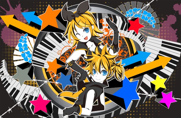 Anime picture 2000x1311 with vocaloid kagamine rin kagamine len sakisato kiriko highres short hair open mouth blue eyes blonde hair smile bare shoulders one eye closed wink reclining girl boy gloves hair ornament bow hair bow