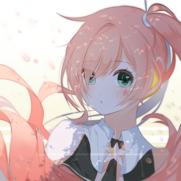 Anime picture 1000x1000 with vocaloid uni (vocaloid) jyamong single long hair looking at viewer blush fringe green eyes pink hair side ponytail girl star (symbol)