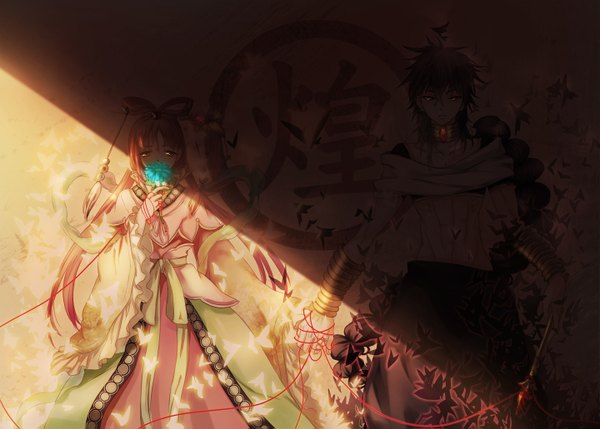 Anime picture 1440x1031 with magi the labyrinth of magic a-1 pictures judal ren kougyoku cat princess long hair looking at viewer black hair pink hair braid (braids) traditional clothes holding hands alternate hairstyle girl dress boy flower (flowers) choker jewelry thread