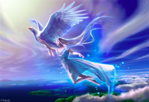 Anime picture 1024x701 with original takashi mare signed sky cloud (clouds) white hair very long hair barefoot no shoes sleeveless flying girl dress animal wings water bird (birds) eagle