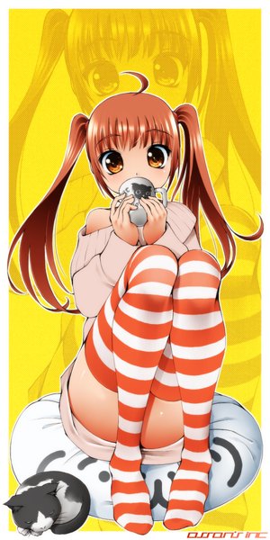Anime picture 500x1000 with original dr rex long hair tall image blush light erotic brown hair twintails brown eyes ahoge bent knee (knees) framed zoom layer girl thighhighs animal pillow cat striped thighhighs mug